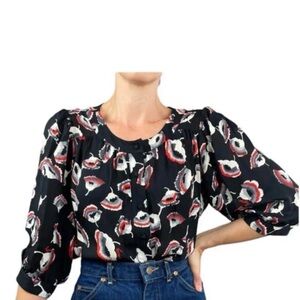 Milly Silk Floral Poppy Print Puff Sleeve Black Red Button Down Blouse Shirt Top